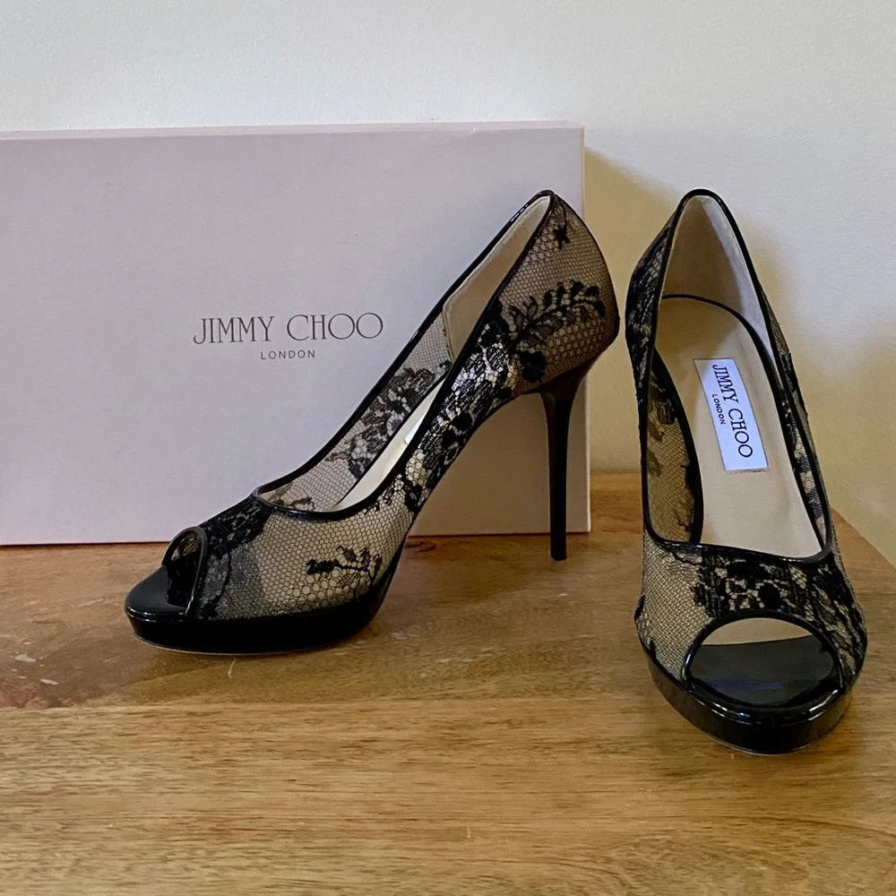 Jimmy Choo Black Luna Lace Platform Pumps Size  US9 NEW